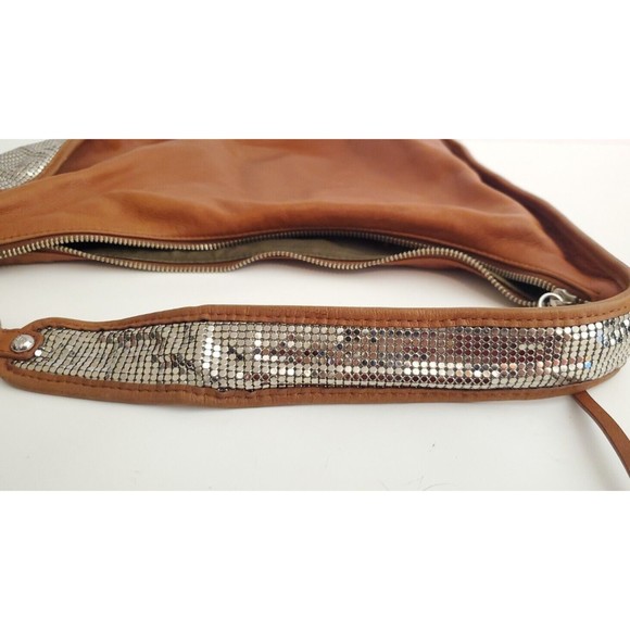 G Series by Cole Haan Saddle Leather and Silver Mirror Mesh Hobo Purse Handbag - Picture 7 of 16